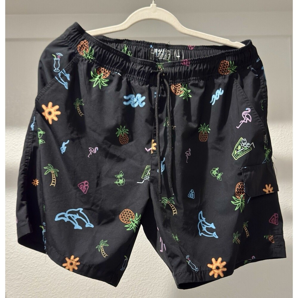 Boys Black Swim Trunks Tropical Neon Icon Print Board Shorts